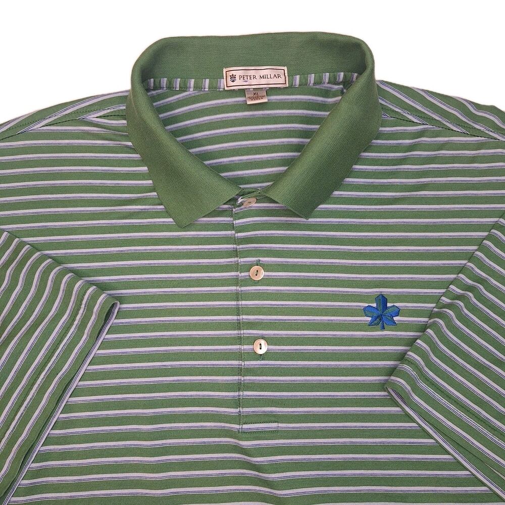 Peter Millar Polo Shirt Mens XL Green White Blue Striped Golf Cotton S/S
